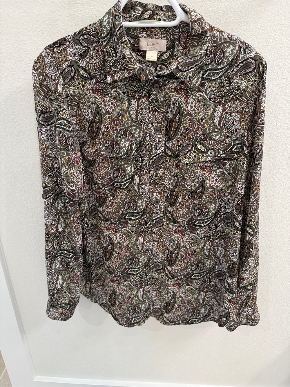 LOFT Paisley Button-Down Blouse in Olive, Brown & Cream